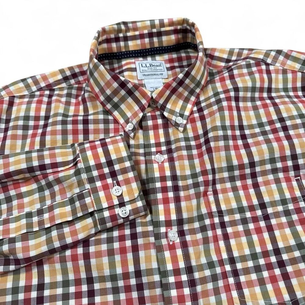 LL Bean Men's Plaid Button-Up sz L Reg Traditional Fit Autumn Fall Colors 505642